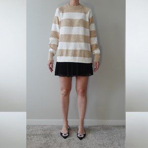 Time & Tru Cream & White Striped Knit Cozy Crewneck Sweater Size L